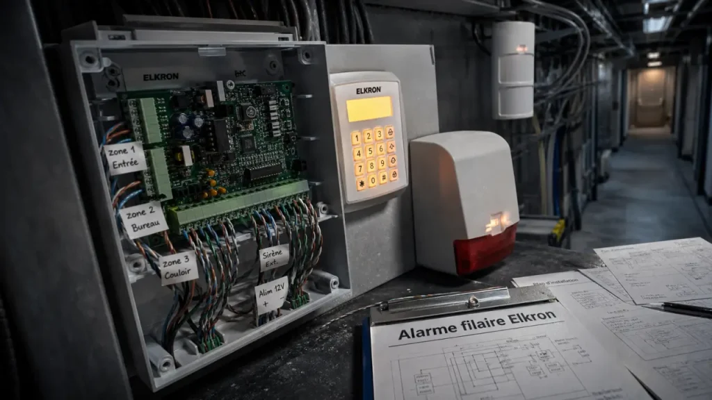 Alarme Elkron filaire : 8 secteurs, 110 dB et compatibilités à vérifier