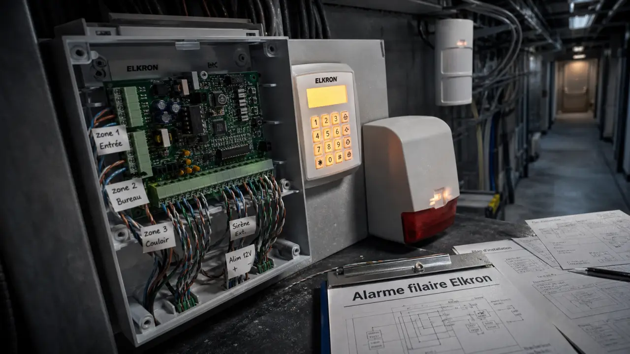 Alarme elkron filaire : centrale, clavier déporté et sirène