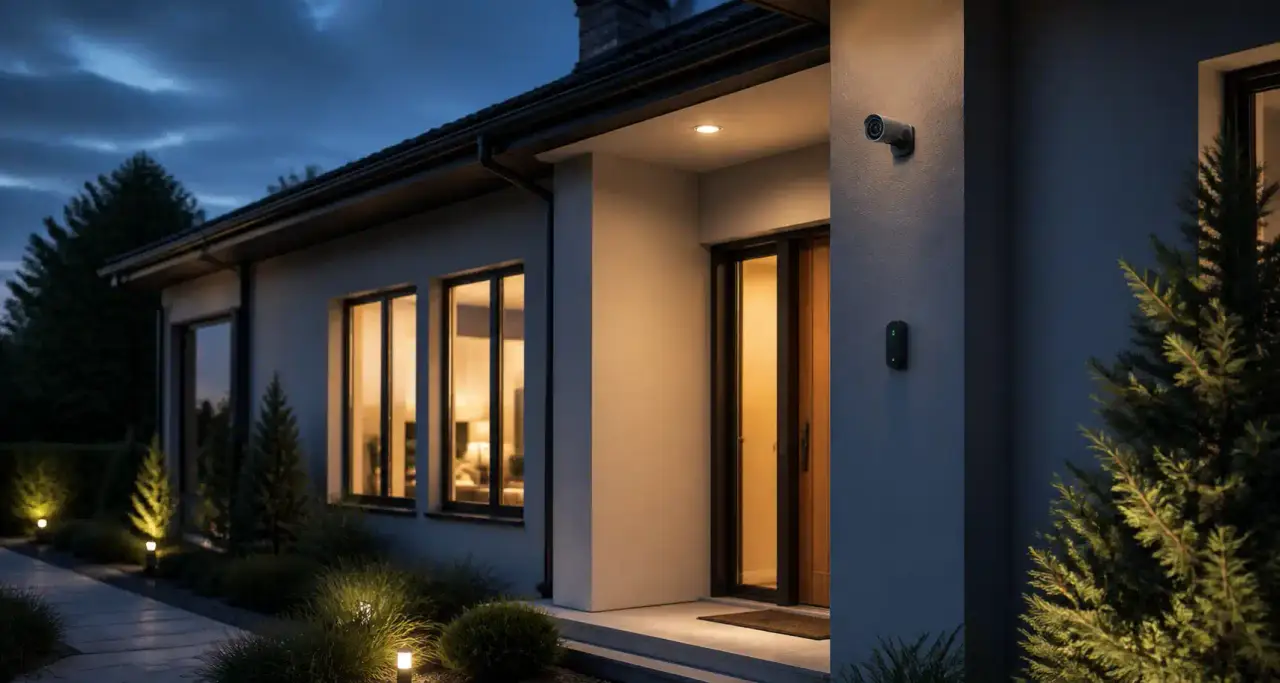 Maison contemporaine sécurisée au crépuscule, caméra de télésurveillance discrète et système d'alarme armé