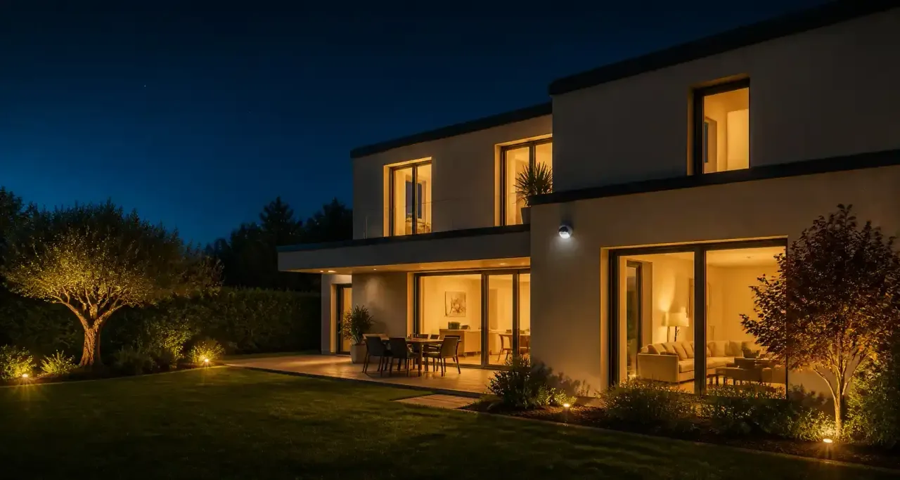 Maison sécurisée avec détecteur de mouvement en fonctionnement la nuit