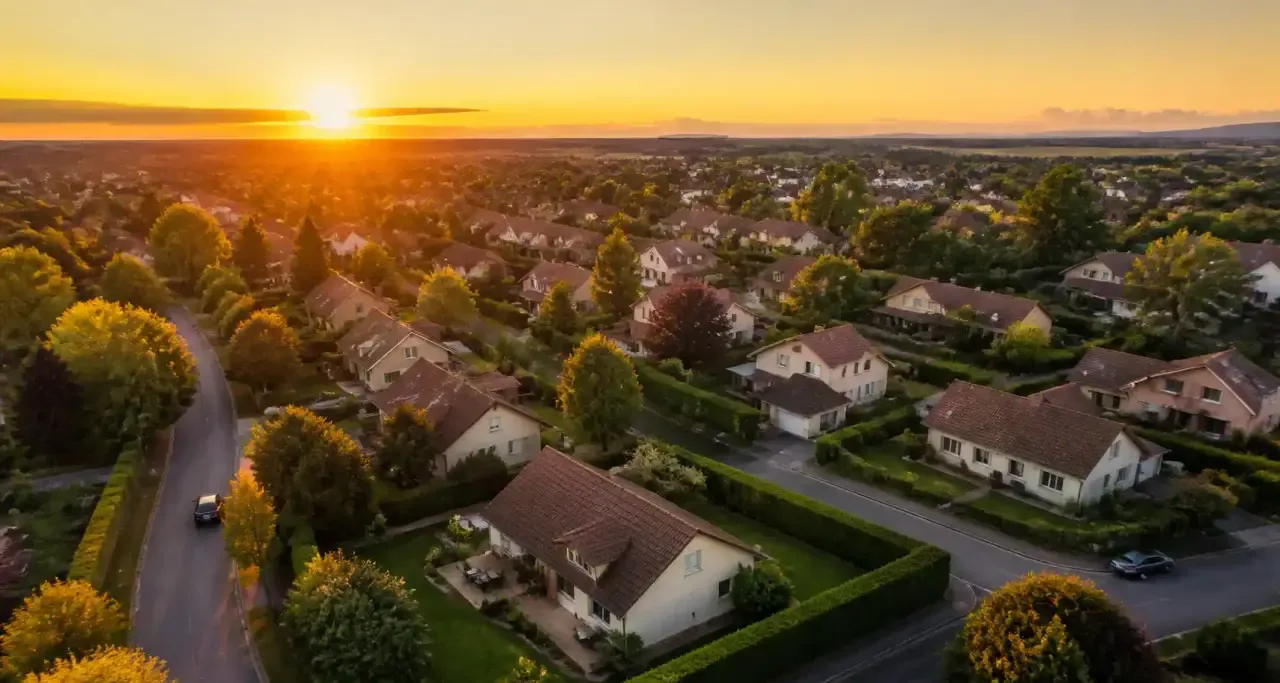 Quartier résidentiel sécurisé vu du ciel au coucher du soleil
