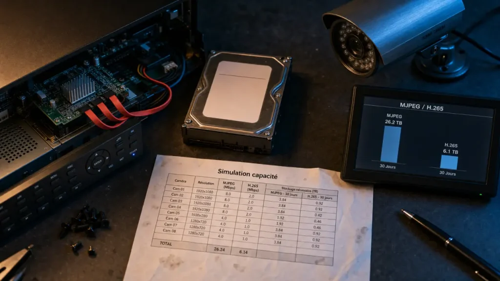 Simulation capacité disque dur vidéosurveillance : 20% de marge et les réglages qui changent vraiment le stockage