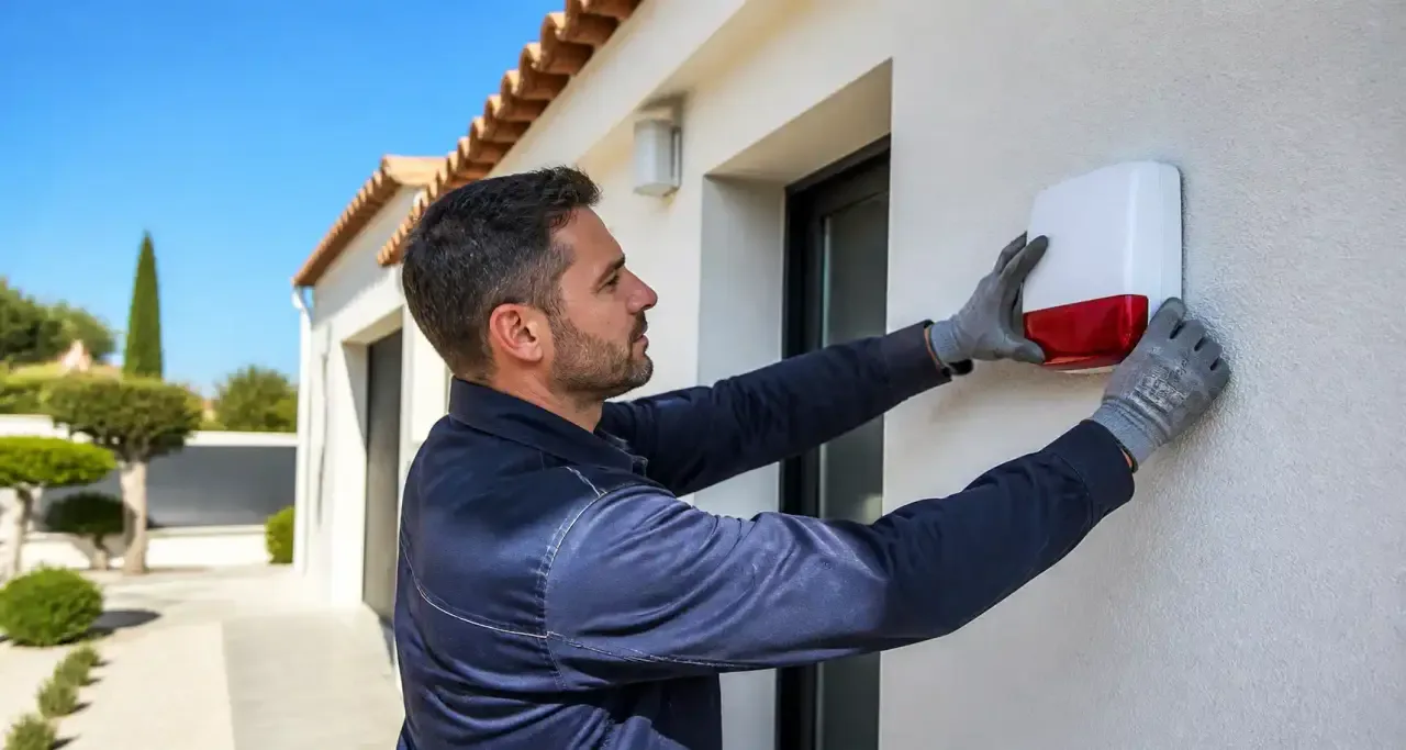 Technicien installant une alarme extérieure sur une villa