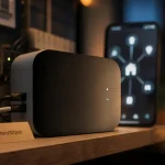 Box domotique sur étagère, smartphone affiche schéma de compatibilité