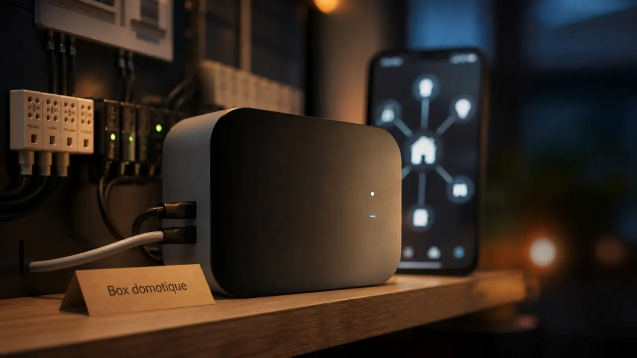 Box domotique sur étagère, smartphone affiche schéma de compatibilité