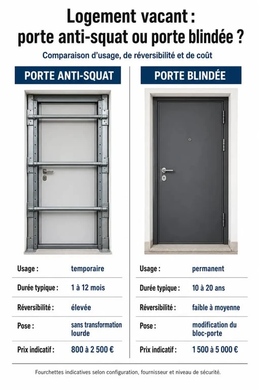 Porte anti squat comparée à une porte blindée dans une infographie éditoriale avec prix et critères d’usage