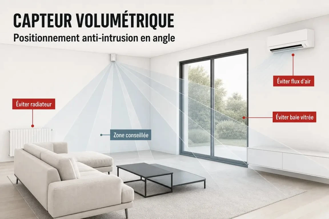 Capteur volumétrique de sécurité anti-intrusion installé dans un angle de pièce, avec zones de détection