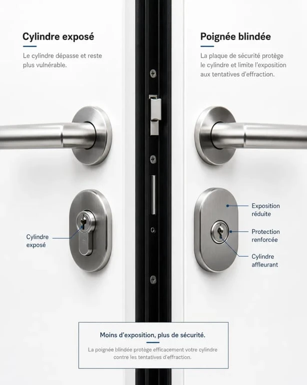 Poignée de porte blindée installée sur une porte d’entrée montrant la zone de protection du cylindre