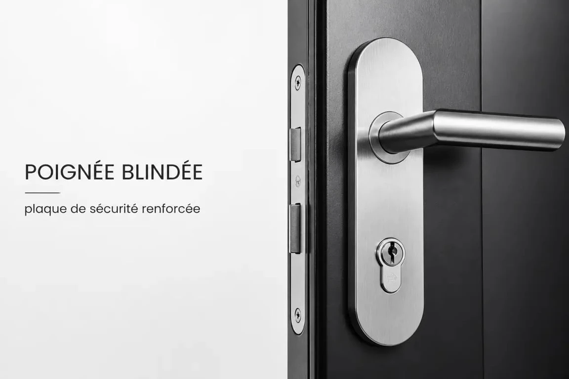 Poignée de porte blindée en gros plan protégeant le cylindre de serrure sur une porte d’entrée