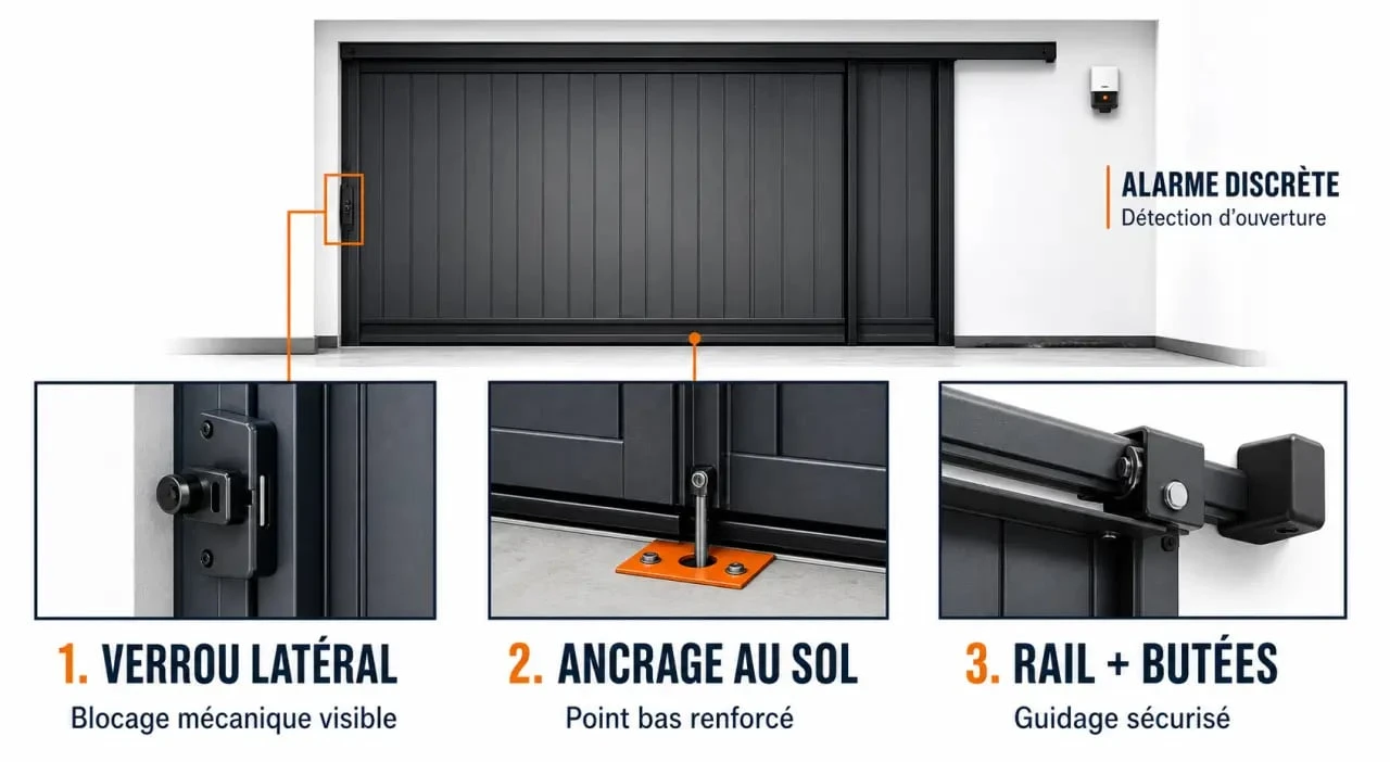 Sécuriser porte de garage coulissante avec verrou latéral, ancrage au sol et alarme