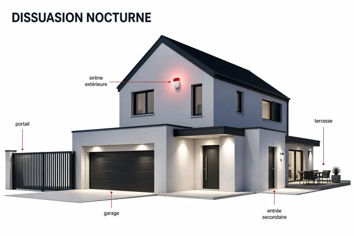 Alarme extérieure maison : emplacement stratégique de la sirène sur façade, portail et terrasse