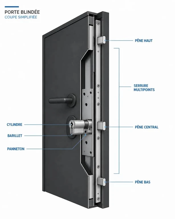 Barillet porte blindée : schéma simplifié du cylindre, de la serrure et des points de fermeture