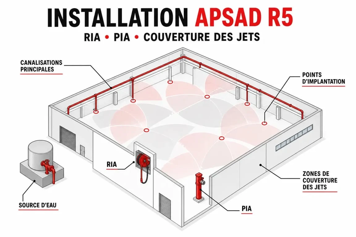 Schéma APSAD R5 d’une installation RIA et PIA dans un bâtiment industriel