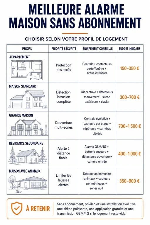Meilleure alarme maison sans abonnement : infographie comparative des profils de logement, équipements conseillés et budgets