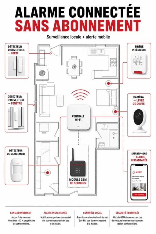 Alarme connectée sans abonnement : schéma du fonctionnement avec centrale, capteurs, sirène et smartphone