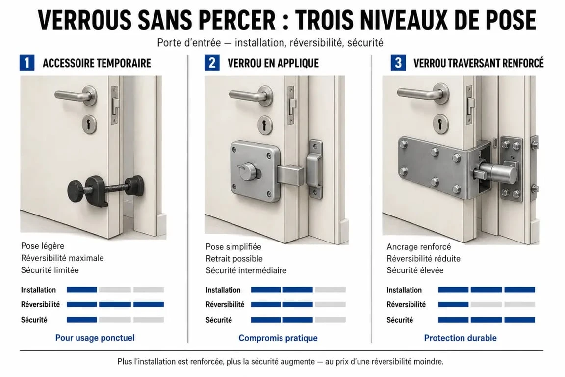 Comparaison verrou porte sans percer des principaux types de pose