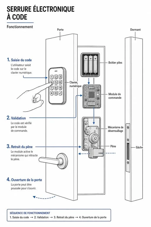 Schéma de serrure electronique code montrant clavier, piles et pêne sur une porte