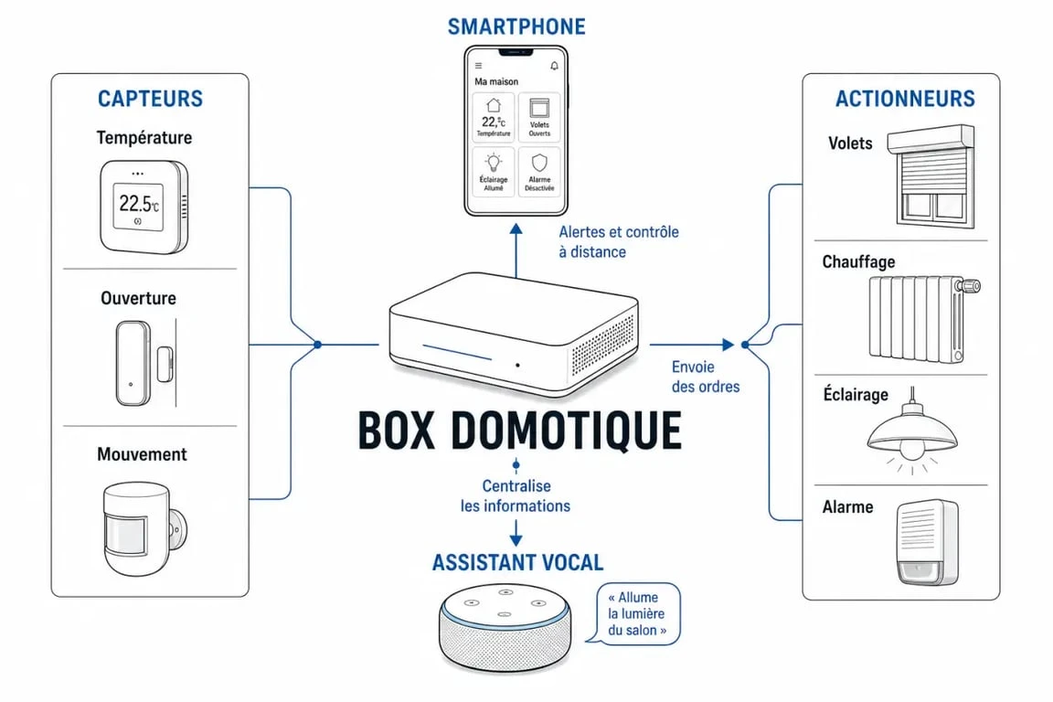 Schéma de box domotique montrant le fonctionnement d'une box domotique dans une maison connectée