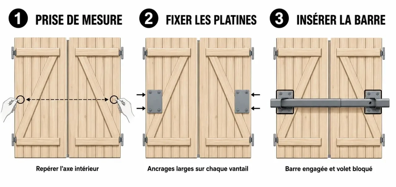 Fabriquer barre anti effraction volet : schéma des étapes de mesure, fixation et montage sur un volet battant