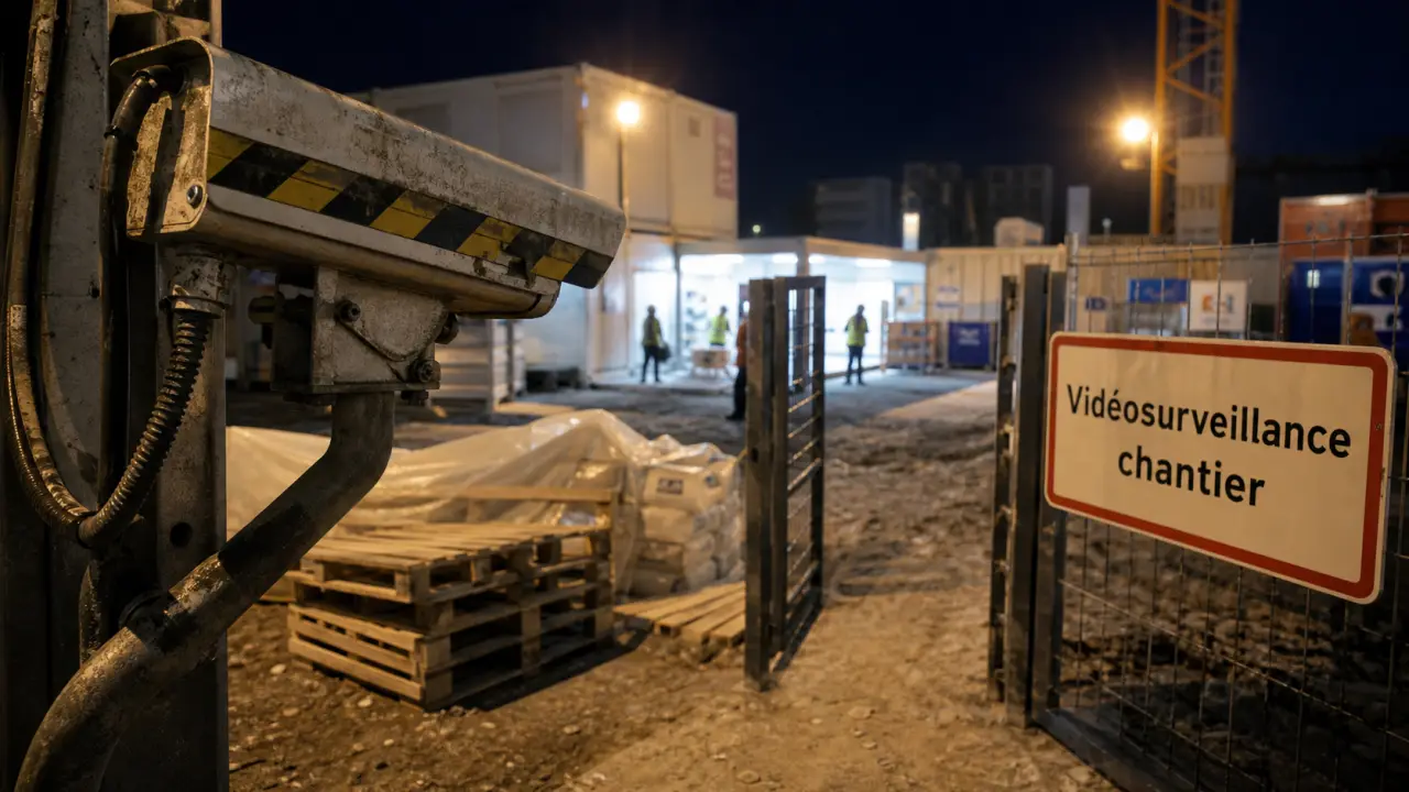 Vidéosurveillance chantier : caméra sur mât près du portail