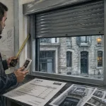 Volet roulant grenoble gris installé sur une fenêtre, technicien et isolation