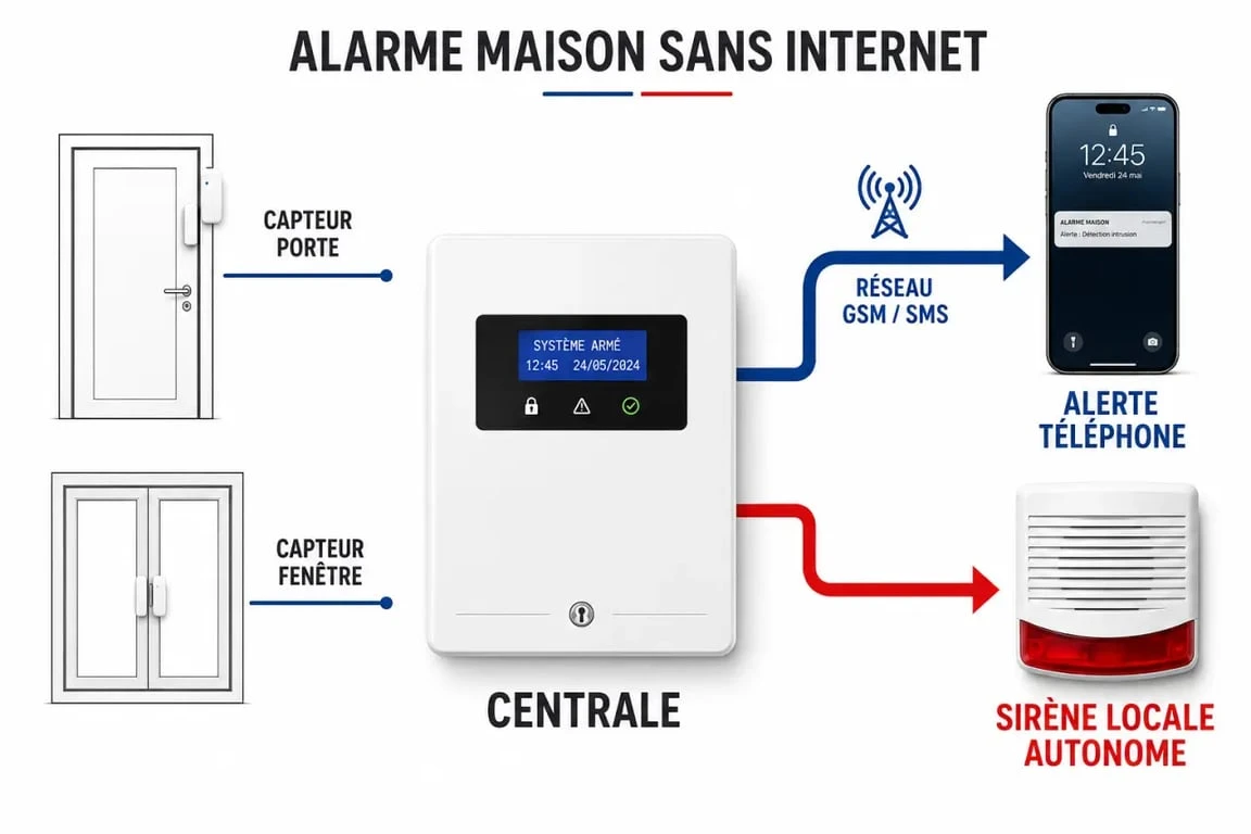 Schéma du fonctionnement d’une alarme maison sans internet avec centrale, capteurs, sirène et alerte GSM