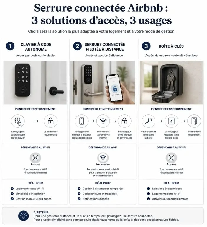 Serrure connectée Airbnb : comparaison visuelle du clavier à code, de la serrure connectée et de la boîte à clés