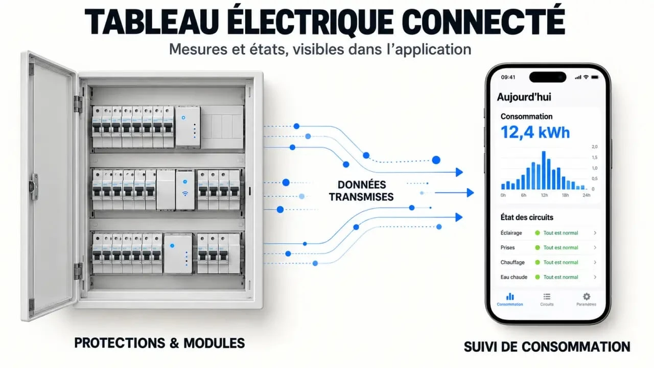 Schéma conceptuel du fonctionnement d’un tableau électrique connecté avec modules et application