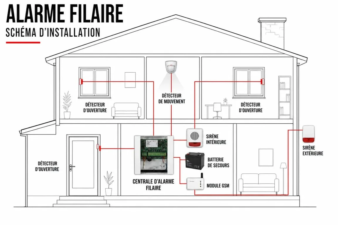 Alarme filaire pour maison : schéma simplifié de la centrale, des détecteurs et des sirènes