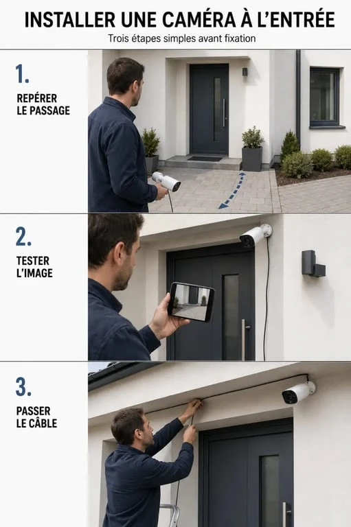 Comment installer un camera de surveillance chez soi : installation d’une caméra à l’entrée avec test de l’image et câblage discret