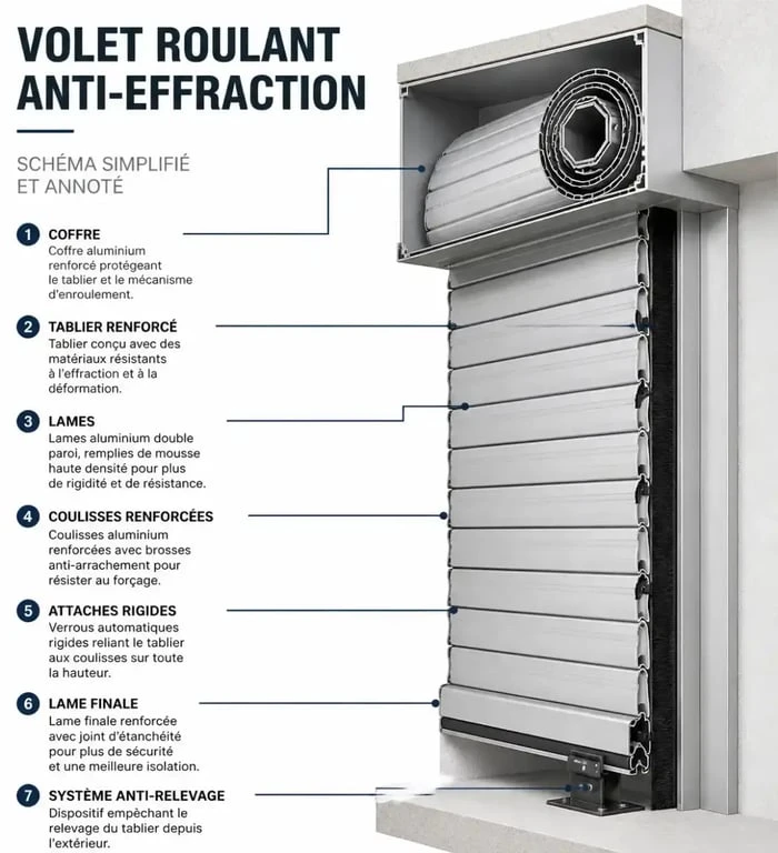 Schéma des composants d’un volet roulant anti-effraction avec système anti-relevage