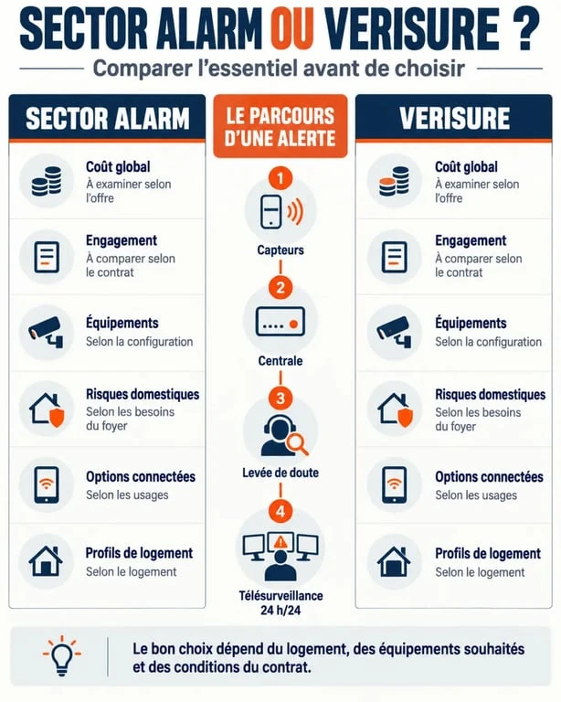 Infographie comparative Sector Alarm ou Verisure pour choisir une télésurveillance adaptée à son logement