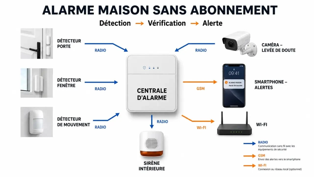 Fonctionnement d’une alarme maison sans abonnement avec centrale, détecteurs et alertes smartphone
