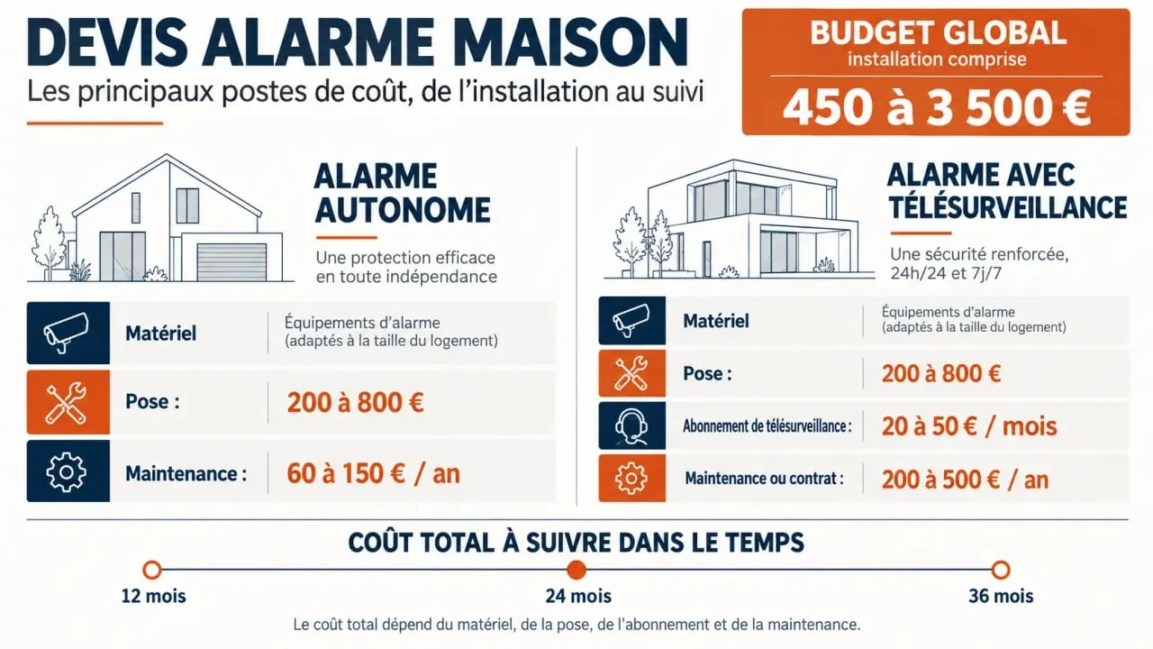 Devis alarme maison : répartition des coûts entre matériel, pose, abonnement et maintenance