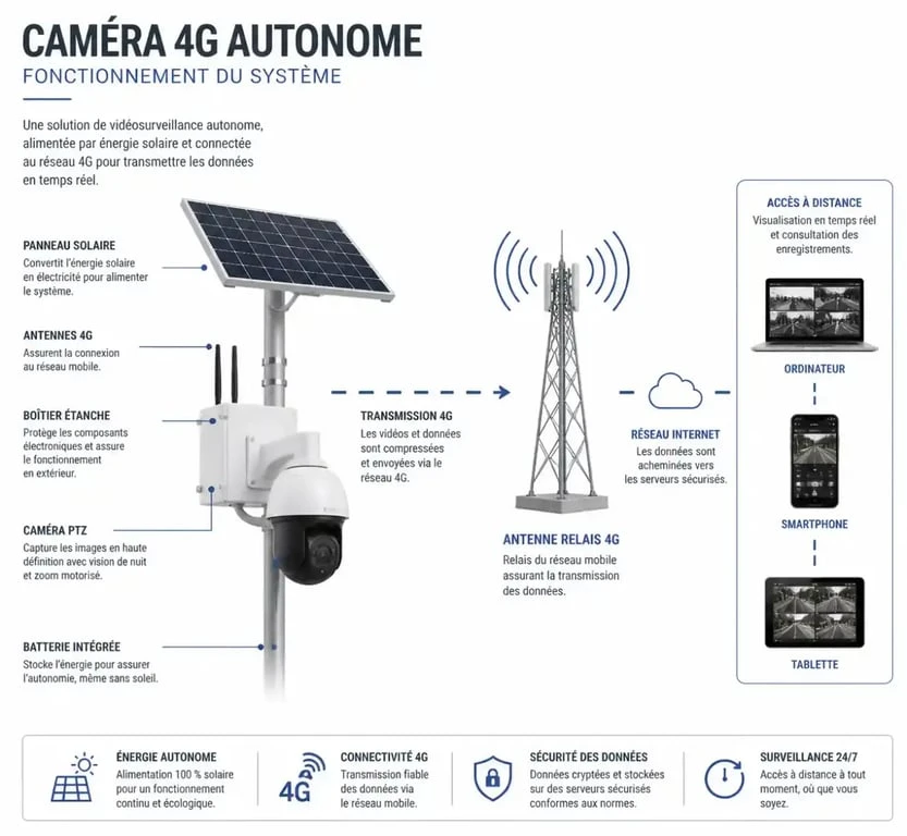 Schéma de fonctionnement d'une caméra 4G autonome pour site isolé