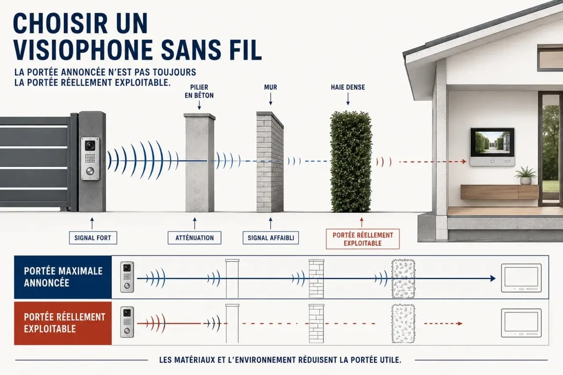 Infographie sur le meilleur visiophone sans fil et l’impact des obstacles sur la portée réelle