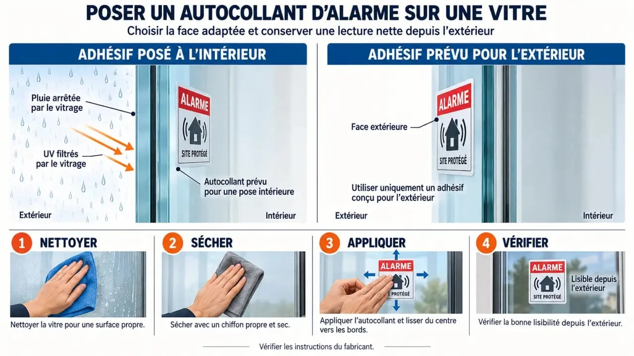 Pose intérieure ou extérieure d’un autocollant d’alarme maison sur une vitre