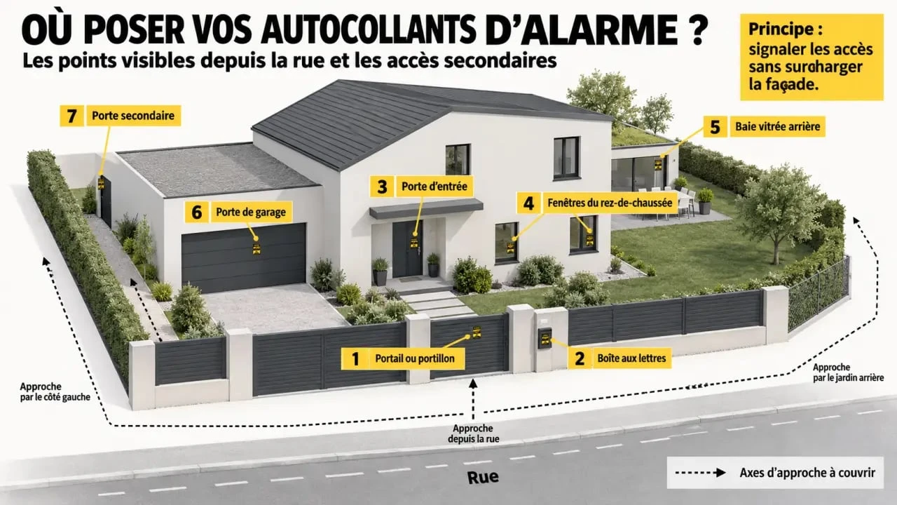Emplacements d’un autocollant d’alarme maison sur la porte, le portail, les fenêtres et le garage