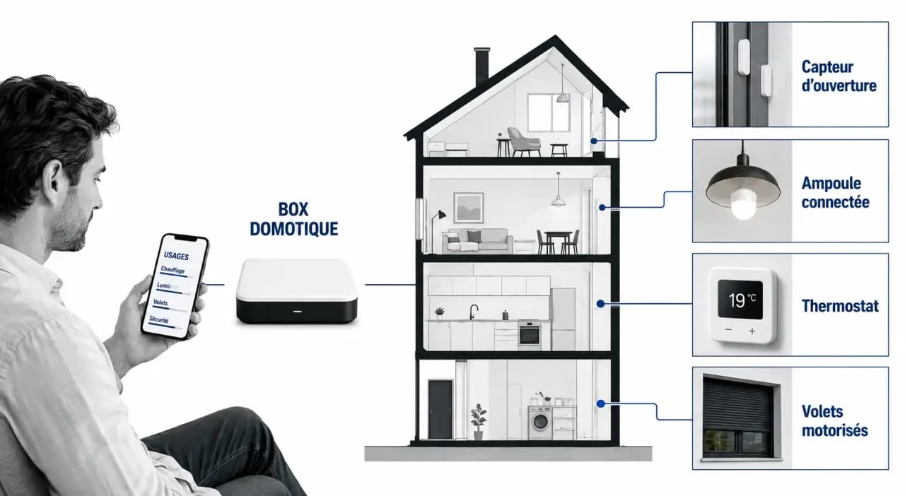 Installation domotique maison : box domotique, smartphone, capteurs et équipements connectés