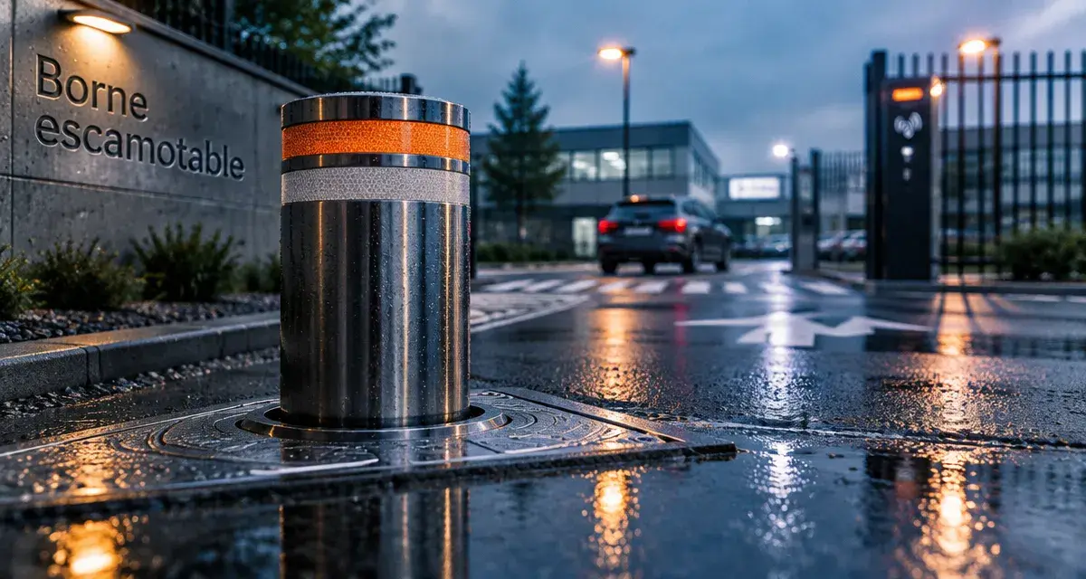 Bornes escamotables en acier inox, cylindre relevé, sécurité parking