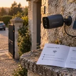 Cooau camera extérieure sur mur, près d’un panneau solaire