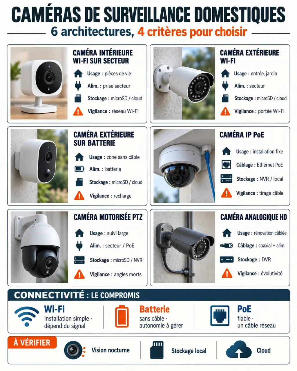 Liste des caméras de surveillance : comparaison des types, de l’alimentation et du stockage
