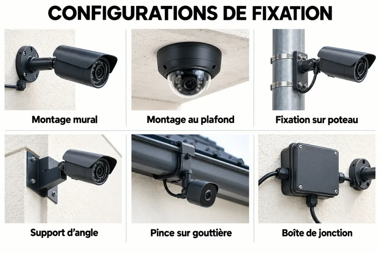 Support caméra surveillance mural, plafond, poteau, gouttière et boîte de jonction