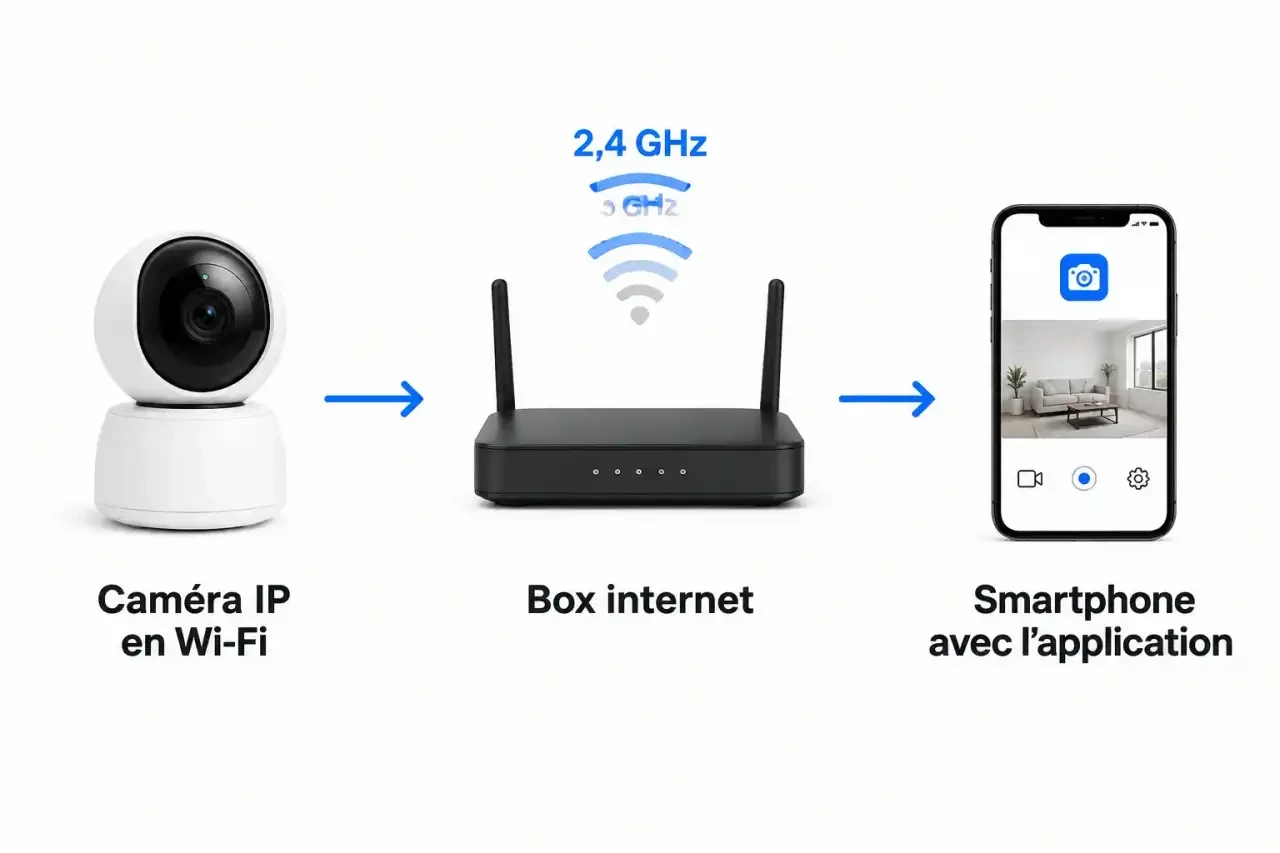 Schéma expliquant comment connecter une caméra IP en Wi-Fi : caméra, box en 2,4 GHz et application mobile