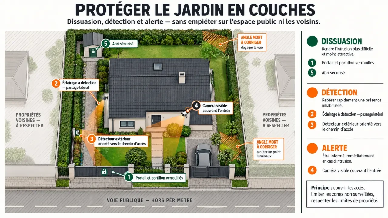 Piège anti intrusion jardin : protection en couches avec portail, éclairage, détecteur et caméra