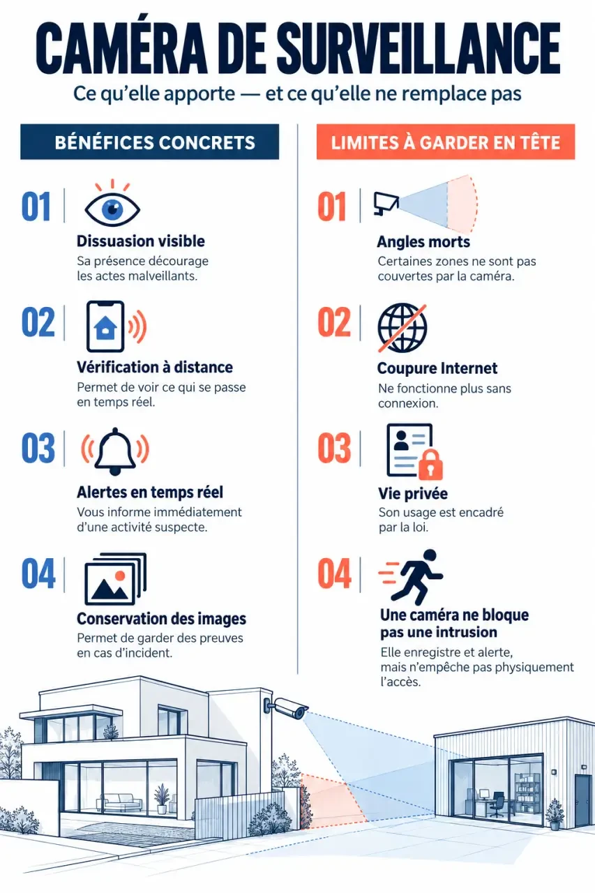 Infographie sur les avantages d'une caméra de surveillance et ses principales limites