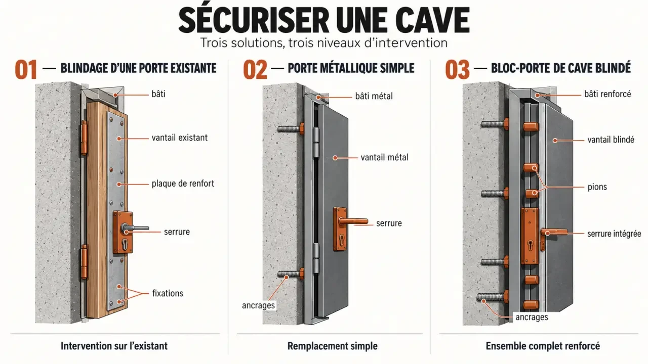 Schéma comparatif des solutions de blindage porte cave et de bloc-porte blindé
