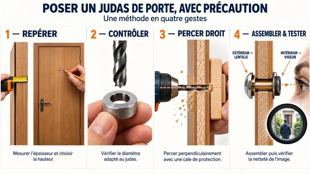 Étapes illustrées pour installer un judas pour porte
