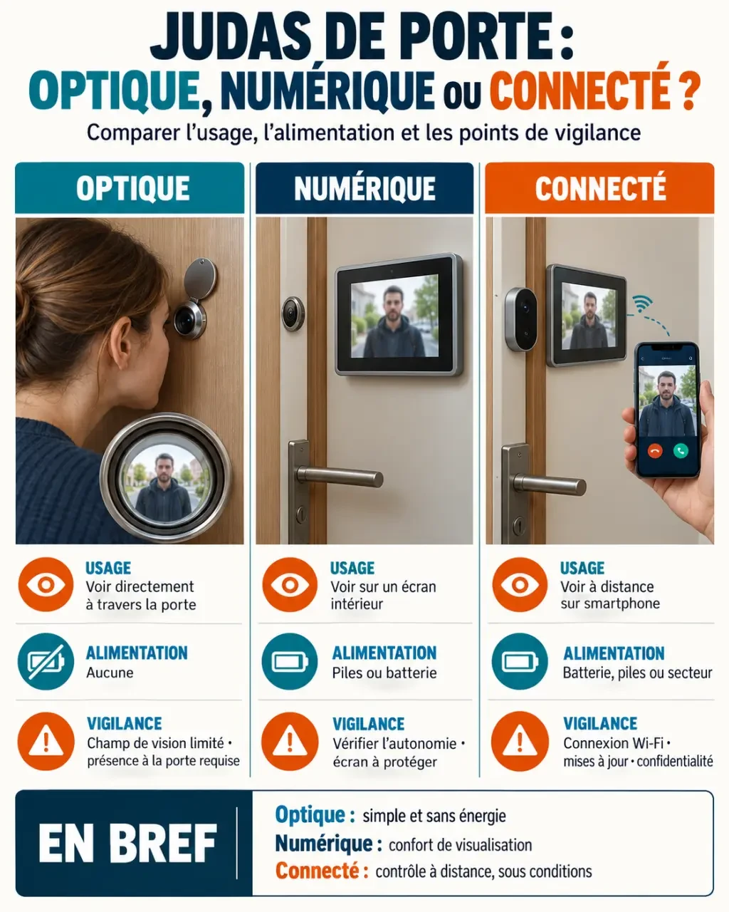 Comparatif visuel des types de judas pour porte optique, numérique et connecté