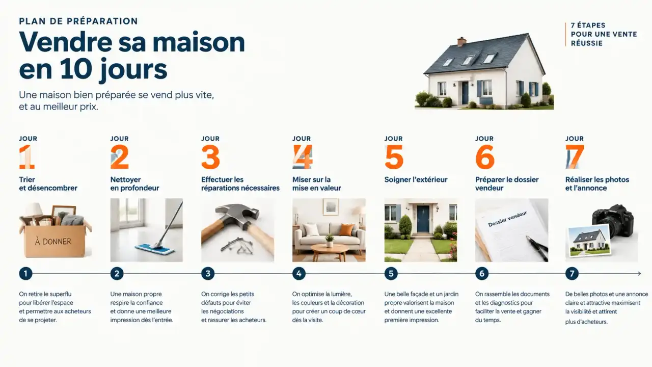 Plan en 10 jours pour sécuriser et rénover efficacement votre maison avant la vente, de la phase de tri à la mise en ligne de l'annonce